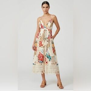 FARM Rio Cream Maxi Dress with Red Floral Print and Blue Accents